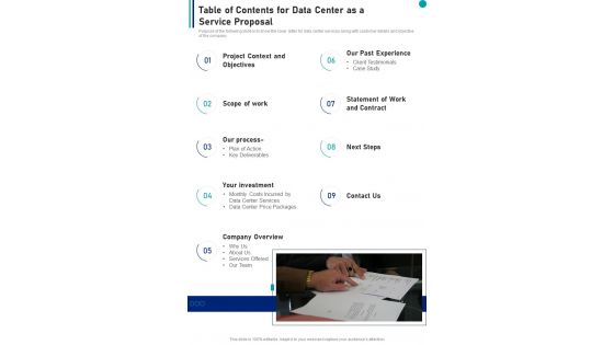 Table Of Contents For Data Center As A Service Proposal One Pager Sample Example Document