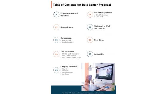 Table Of Contents For Data Center Proposal One Pager Sample Example Document