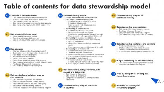 Table Of Contents For Data Stewardship Model Ppt Icon Example Introduction
