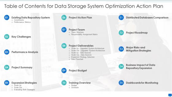 Table of contents for data storage system optimization action plan