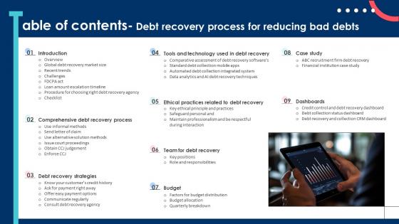 Table Of Contents For Debt Recovery Process For Reducing Bad Debts