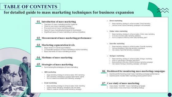 Table Of Contents For Detailed Guide To Mass Marketing Techniques MKT SS V