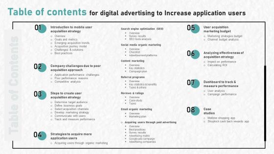 Table Of Contents For Digital Advertising To Increase Application Users