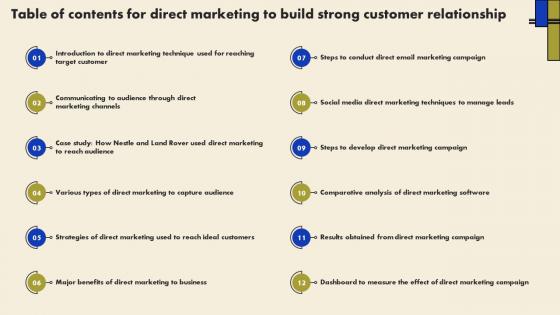 Table Of Contents For Direct Marketing To Build Strong Customer Relationship