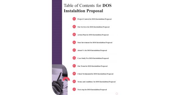 Table Of Contents For Dos Instalaltion Proposal One Pager Sample Example Document