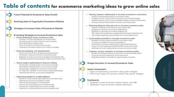 Table Of Contents For Ecommerce Marketing Ideas To Grow Online Sales