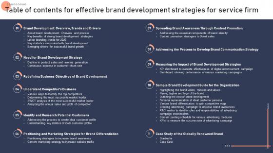 Table Of Contents For Effective Brand Development Strategies For Service Firm