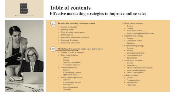 Table Of Contents For Effective Marketing Strategies To Improve Online Sales
