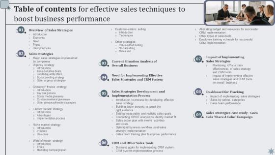 Table Of Contents For Effective Sales Techniques To Boost Business Performance MKT SS V