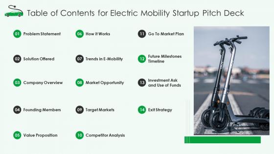 Table of contents for electric mobility startup pitch deck ppt powerpoint example file