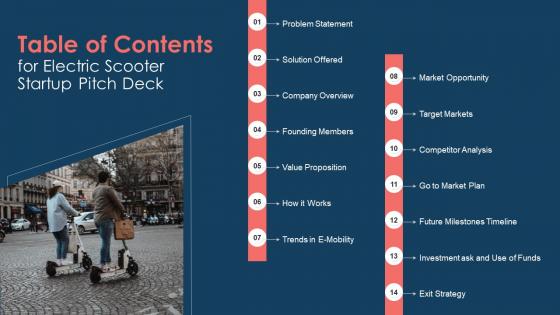 Table of contents for electric scooter startup pitch deck
