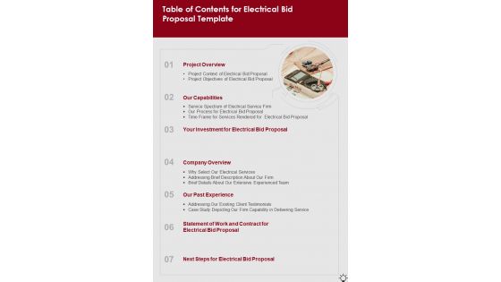 Table Of Contents For Electrical Bid Proposal Template One Pager Sample Example Document