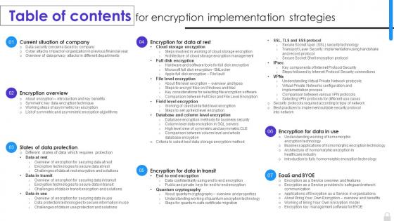 Table Of Contents For Encryption Implementation Strategies Ppt Ideas Examples