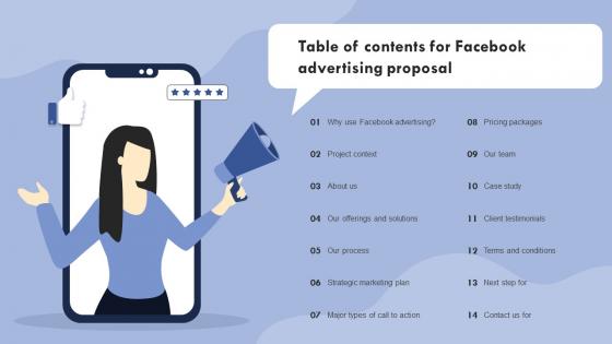 Table Of Contents For Facebook Advertising Proposal Ppt Powerpoint Presentation Design Ideas