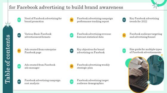 Table Of Contents For Facebook Advertising To Build Brand Awareness Ppt Icon Designs Download