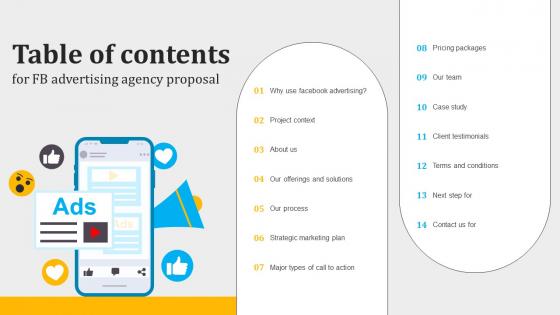 Table Of Contents For FB Advertising Agency Proposal Ppt Powerpoint Presentation File Guide