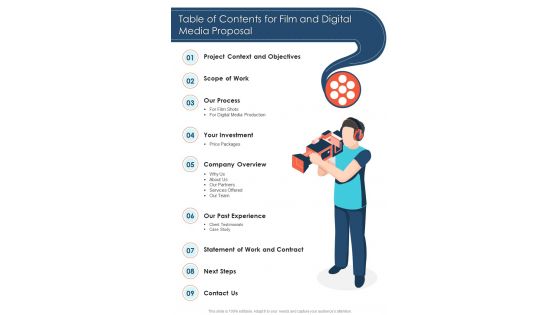 Table Of Contents For Film And Digital Media Proposal One Pager Sample Example Document