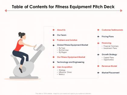 Table of contents for fitness equipment pitch deck ppt guidelines