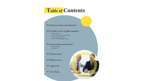 Table Of Contents For Flexible Work Timings One Pager Sample Example Document