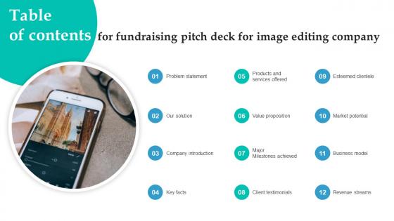 Table Of Contents For Fundraising Pitch Deck For Image Editing Company