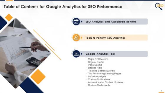 Table Of Contents For Google Analytics For SEO Performance Training Session Edu Ppt