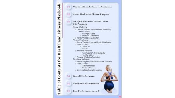 Table Of Contents For Health And Fitness One Pager Sample Example Document