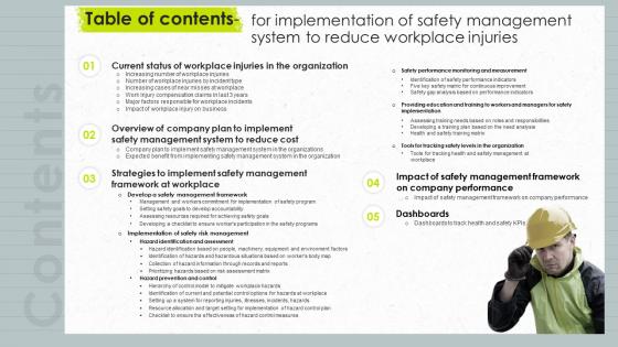 Table Of Contents For Implementation Of Safety Management System To Reduce Workplace Injuries