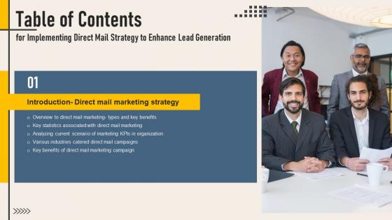 Table Of Contents For Implementing Direct Mail Strategy To Enhance Lead Generation