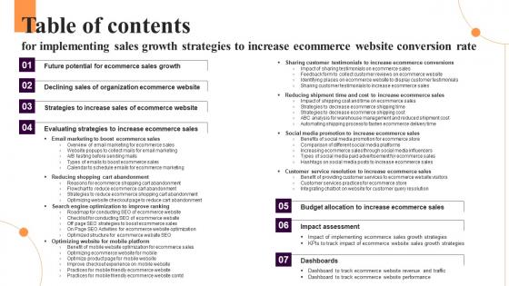 Table Of Contents For Implementing Sales Growth Strategies To Increase Ecommerce Website Conversion Rate