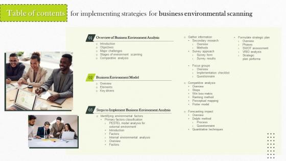 Table Of Contents For Implementing Strategies For Business Environmental Scanning