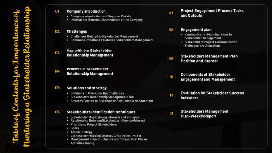 Table Of Contents For Importance Of Nurturing A Stakeholder Relationship Ppt Slides Infographic Template