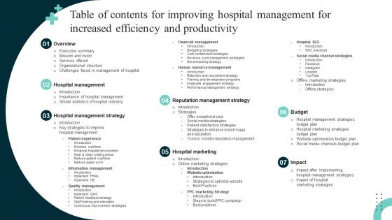 Table Of Contents For Improving Hospital Management For Increased Efficiency And Productivity Strategy SS V
