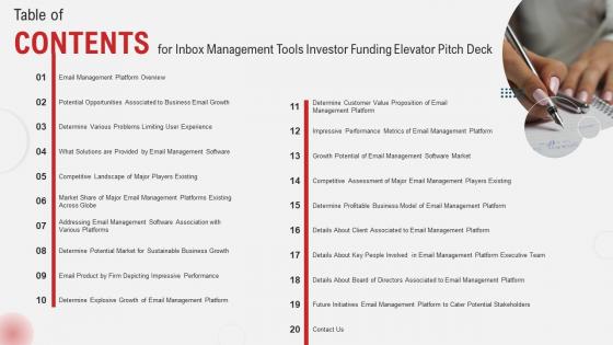 Table Of Contents For Inbox Management Tools Investor Funding Elevator