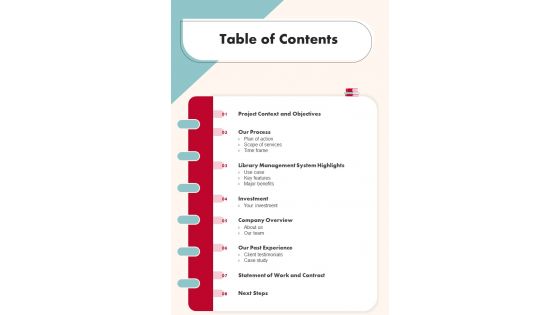Table Of Contents For Integrated Library System Proposal One Pager Sample Example Document