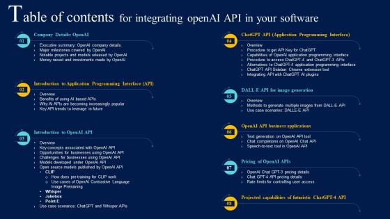 Table Of Contents For Integrating Openai API In Your Software ChatGPT SS V