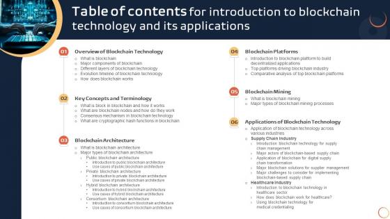 Table Of Contents For Introduction To Blockchain Technology And Its Applications BCT SS V