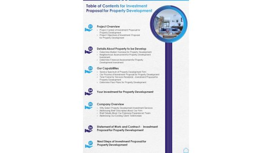 Table Of Contents For Investment Proposal For Property Development One Pager Sample Example Document