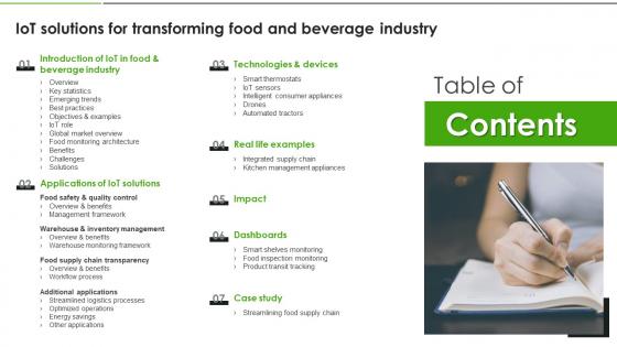 Table Of Contents For IoT Solutions For Transforming Food And Beverage Industry IoT SS