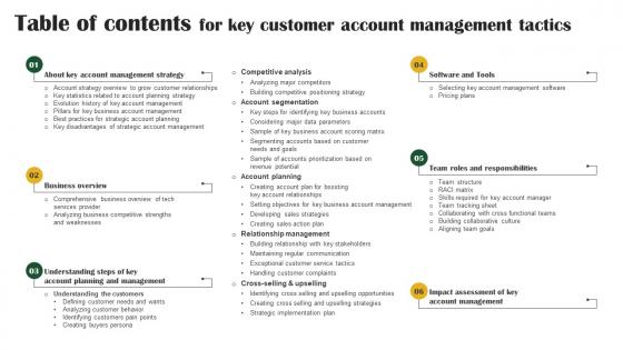 Table Of Contents For Key Customer Account Management Tactics Strategy SS V