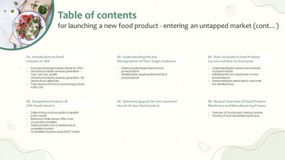 Table Of Contents For Launching A New Food Product Entering An Untapped Market Cont