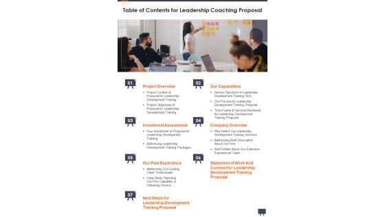 Table Of Contents For Leadership Coaching Proposal One Pager Sample Example Document