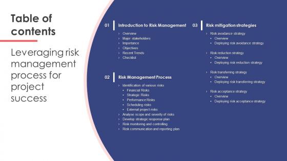 Table Of Contents For Leveraging Risk Management Process For Project Success PM SS