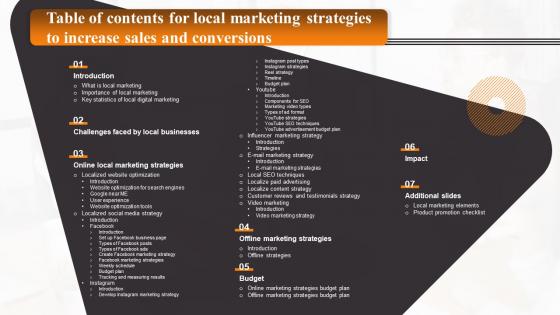 Table Of Contents For Local Marketing Strategies To Increase Sales And Conversions MKT SS
