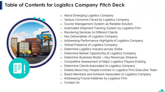 Table of contents for logistics company pitch deck ppt powerpoint presentation templates
