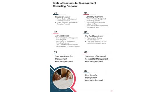 Table Of Contents For Management Consulting Proposal One Pager Sample Example Document