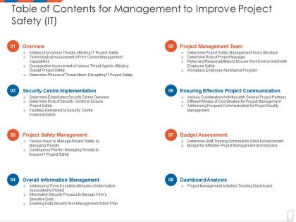 Table of contents for management to improve project safety it ppt powerpoint presentation file ideas
