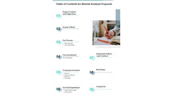 Table Of Contents For Market Analysis Proposal One Pager Sample Example Document