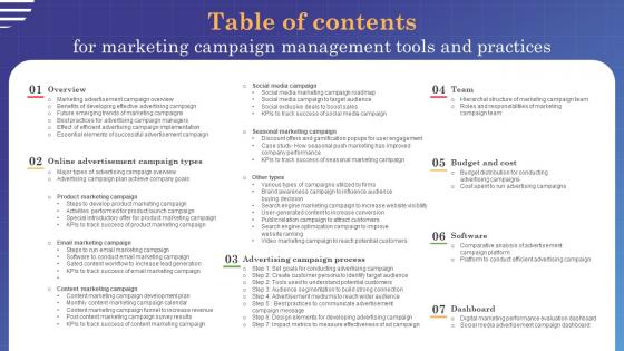 Table Of Contents For Marketing Campaign Management Tools And Practices MKT SS V