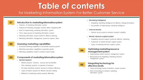 Table Of Contents For Marketing Information System For Better Customer Service MKT SS V