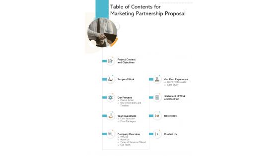 Table Of Contents For Marketing Partnership Proposal One Pager Sample Example Document